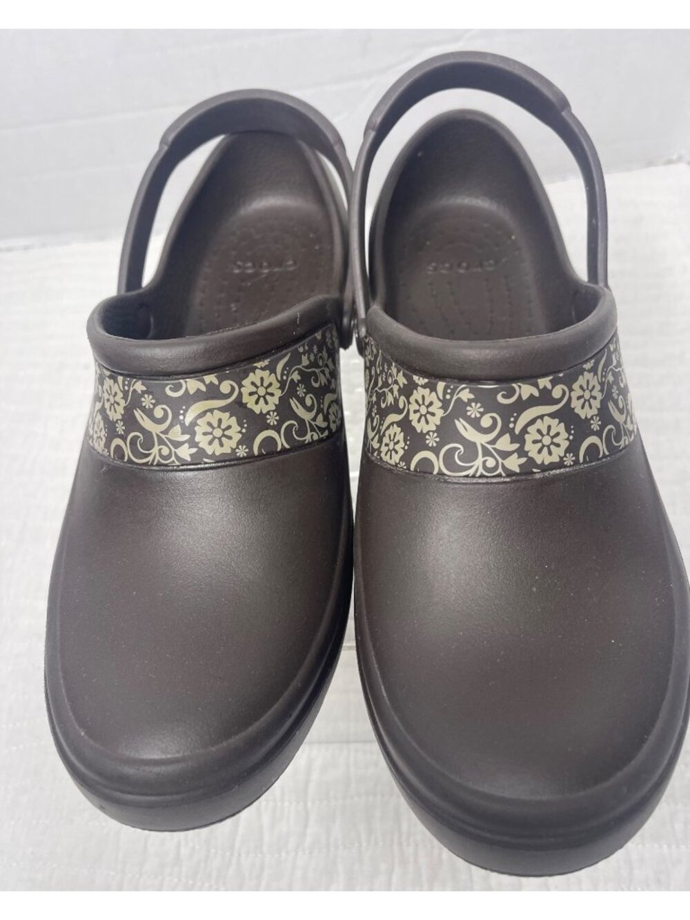 Crocs Mercy Work Brown Floral Pattern Slip-On Clogs Women SZ 10 Comfortable - Picture 1 of 8